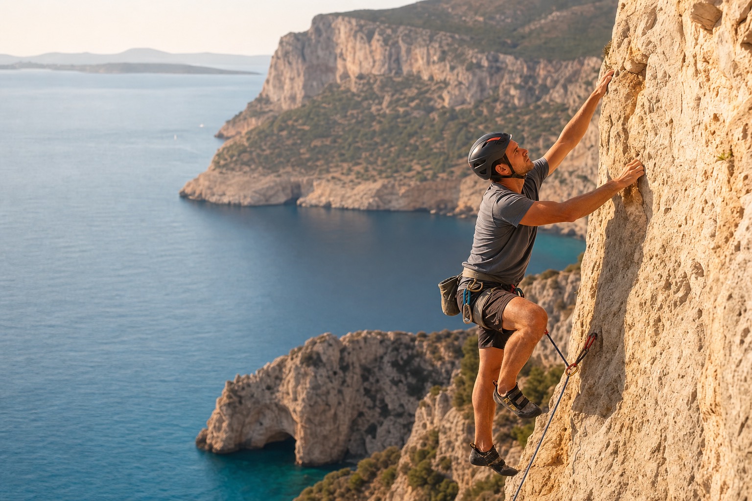 Private rock climbing on a Greek limestone sea cliff