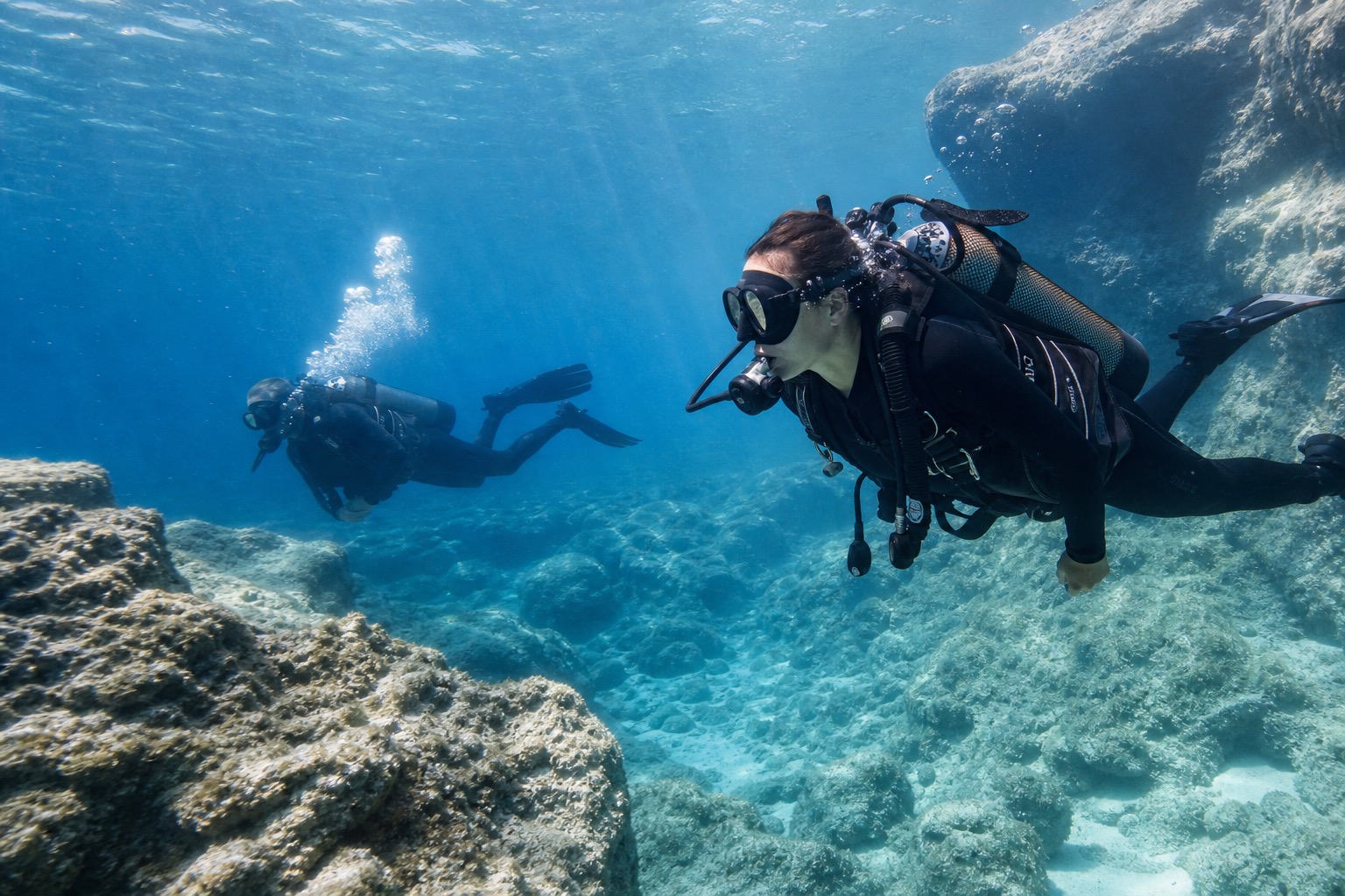 Private scuba diving in clear Aegean water