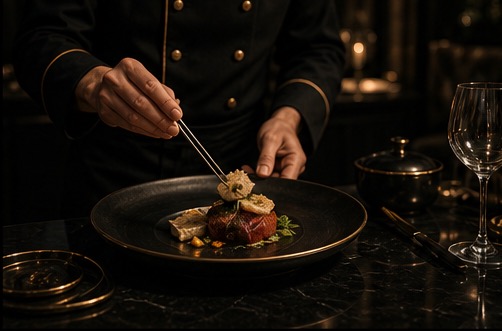 Private chef plating a high-end meal in a dark luxury setting